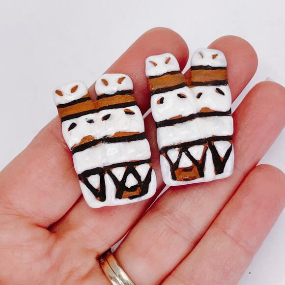 VTG 1960s Signed Garon Jamaica Earrings Ceramic Terracotta Clip On Caribbean - Picture 2 of 10